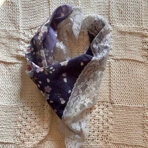 Vintage Japanese Traditional Purple Floral Lace Bandana / Scarf  26x28